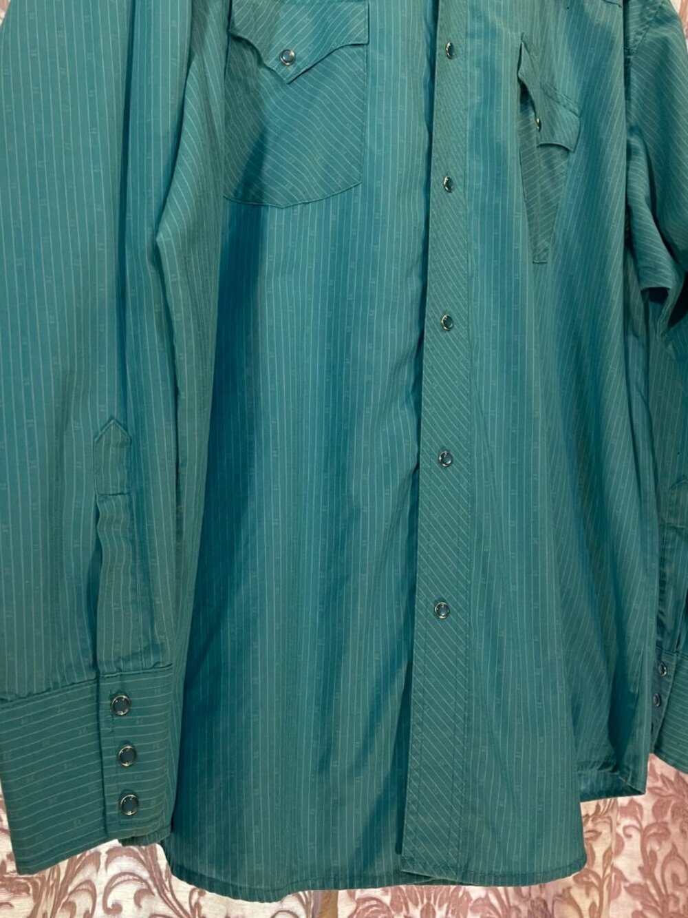 Men's XXL Wrangler Aqua/White Pinstripe Pearl Snap Long Sleeve Shirt - Picture 7 of 15